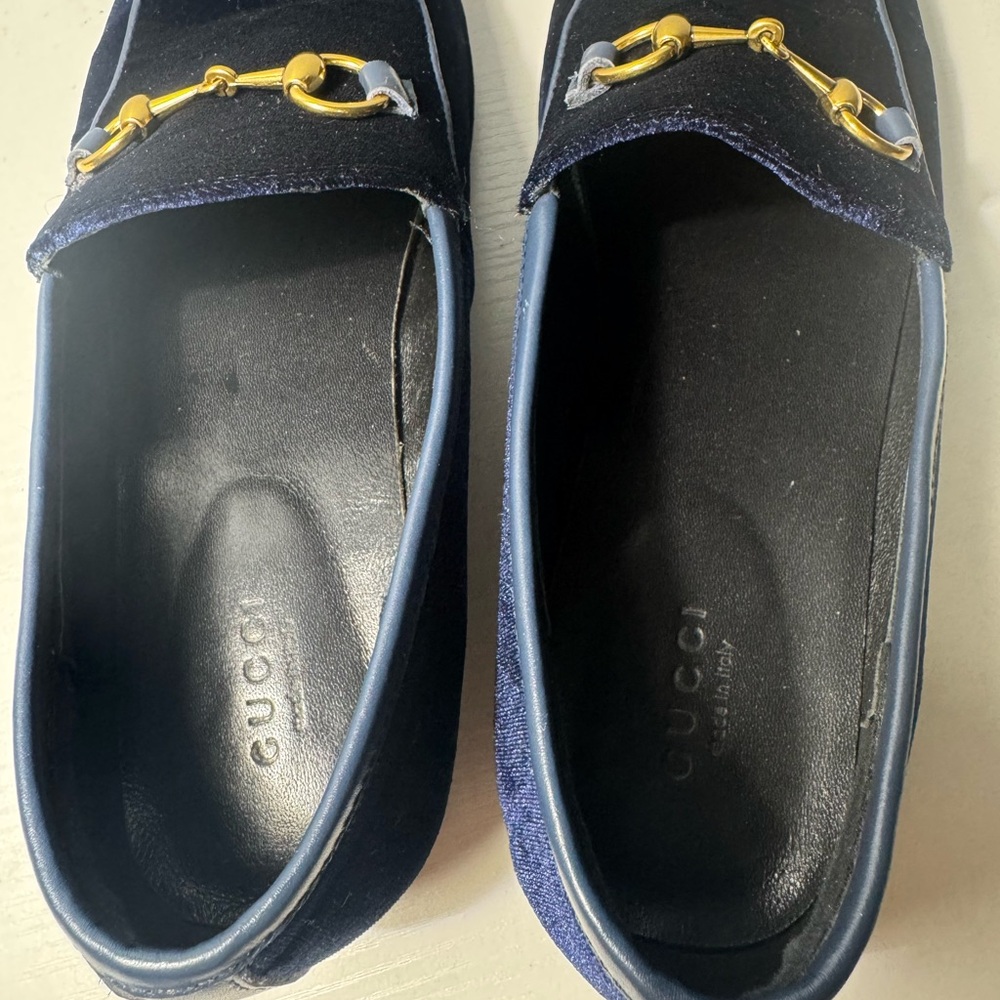 Gucci Black Velvet Loafers with Gold Detail